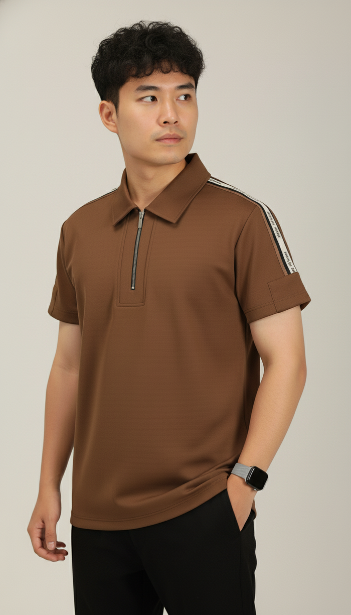 Men's Mocha Brown Premium Shoulder-Stripe Zip Polo T-Shirt
