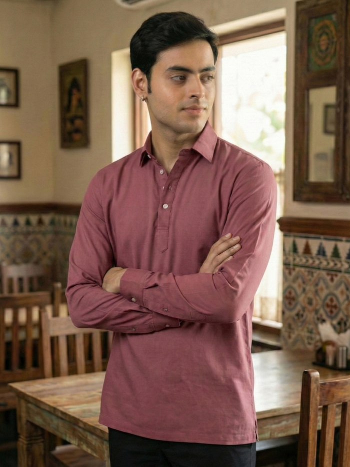 Men’s Muated Mauve Premium Long Sleeve Henley Shirt with Buttoned Cuffs