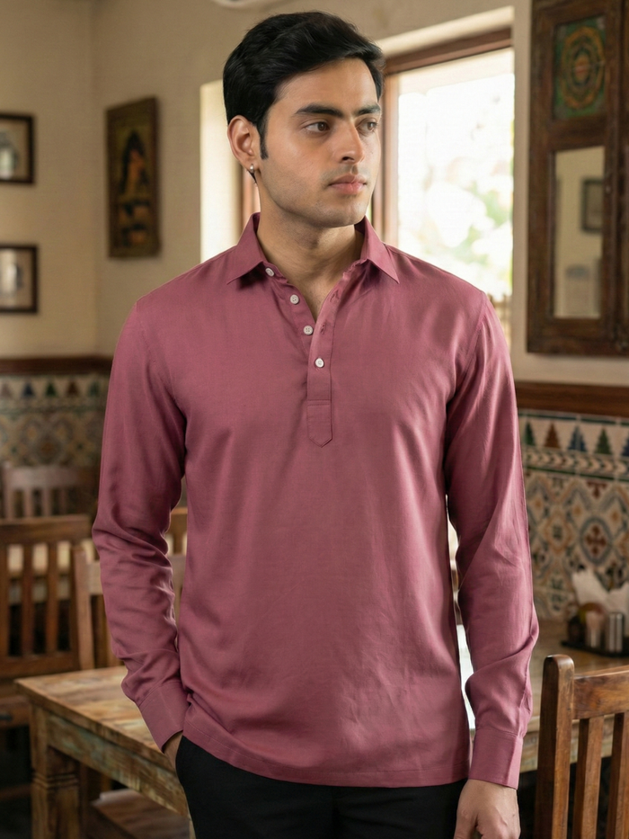 Men’s Muated Mauve Premium Long Sleeve Henley Shirt with Buttoned Cuffs