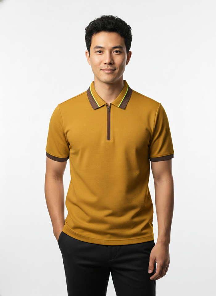 Men's Mustard Gold Textured Zip-Polo T-Shirt with Neon Collar Accent