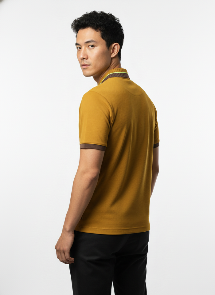 Men's Mustard Gold Textured Zip-Polo T-Shirt with Neon Collar Accent