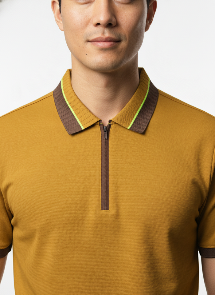 Men's Mustard Gold Textured Zip-Polo T-Shirt with Neon Collar Accent