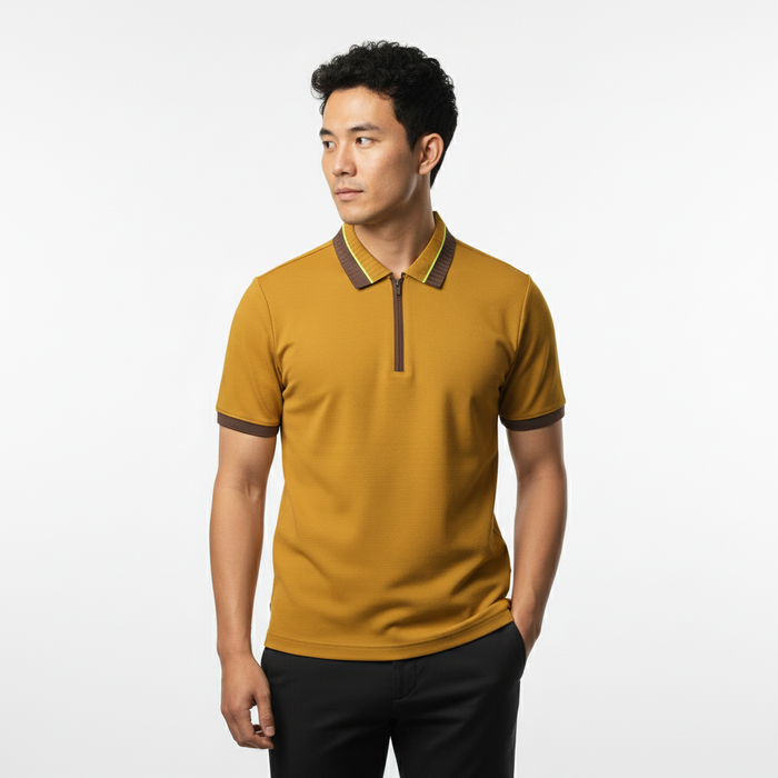 Men's Mustard Gold Textured Zip-Polo T-Shirt with Neon Collar Accent