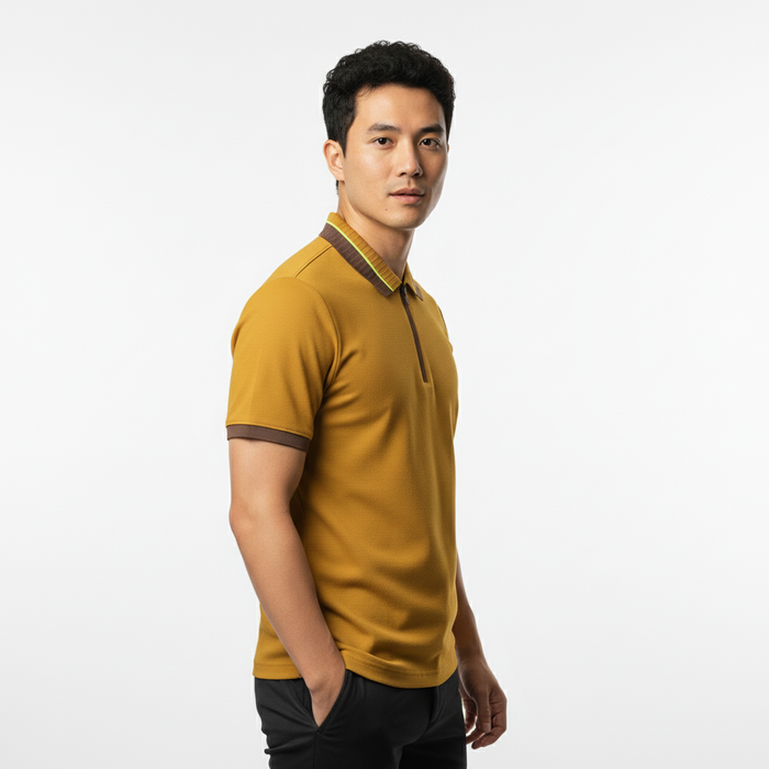 Men's Mustard Gold Textured Zip-Polo T-Shirt with Neon Collar Accent