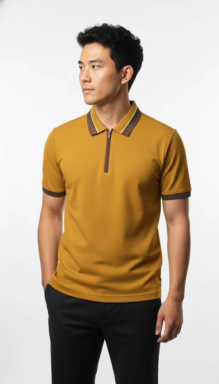 Men's Mustard Gold Textured Zip-Polo T-Shirt with Neon Collar Accent