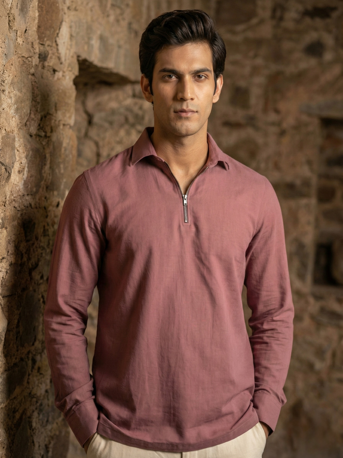 Men’s Muted Mauve Premium Quarter-Zip Long Sleeve Polo Shirt