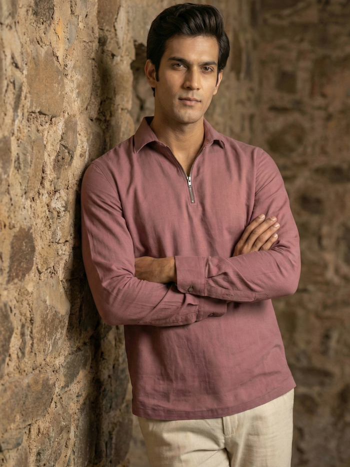 Men’s Muted Mauve Premium Quarter-Zip Long Sleeve Polo Shirt