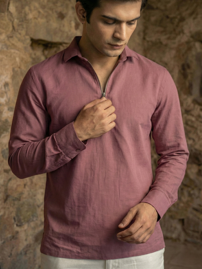 Men’s Muted Mauve Premium Quarter-Zip Long Sleeve Polo Shirt