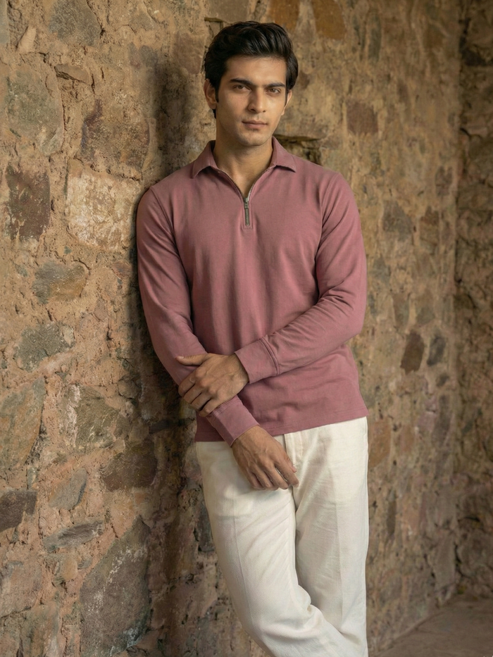 Men’s Muted Mauve Premium Quarter-Zip Long Sleeve Polo Shirt