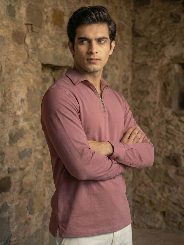 Men’s Muted Mauve Premium Quarter-Zip Long Sleeve Polo Shirt