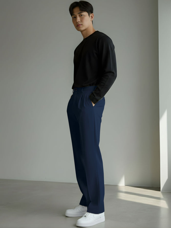 Men's Navy Blue Loose-Fit Korean Trouser