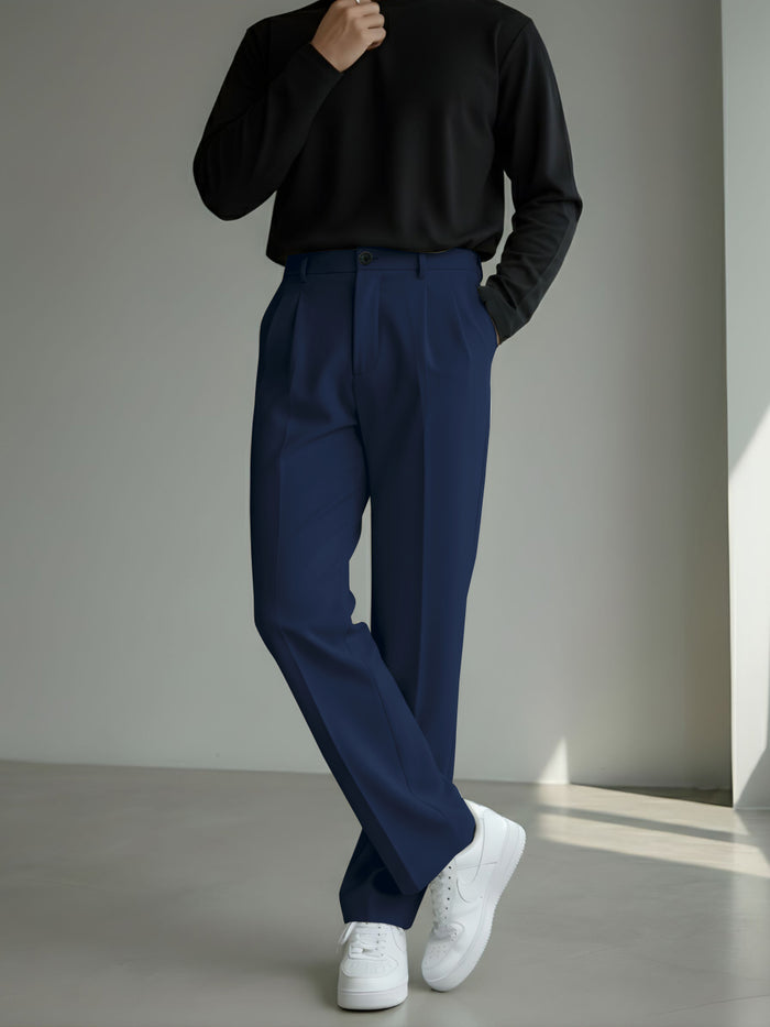 Men's Navy Blue Loose-Fit Korean Trouser