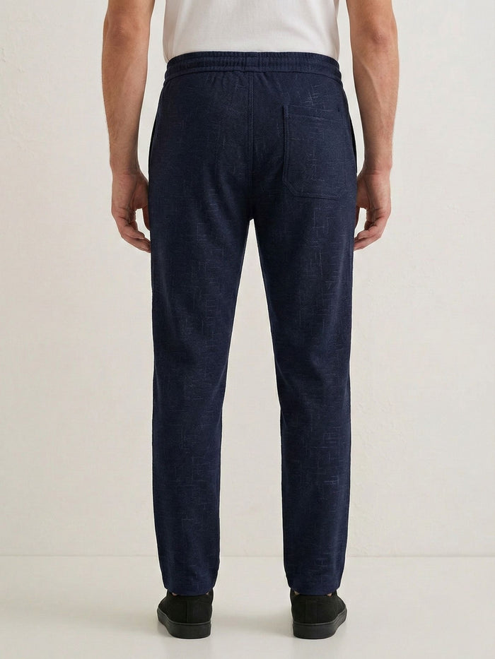 Men's Navy Blue Textured Relaxed Fit Trousers with Elasticated Drawstring Waist