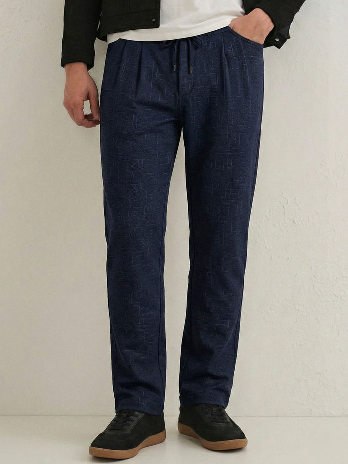 Men's Navy Blue Textured Relaxed Fit Trousers with Elasticated Drawstring Waist