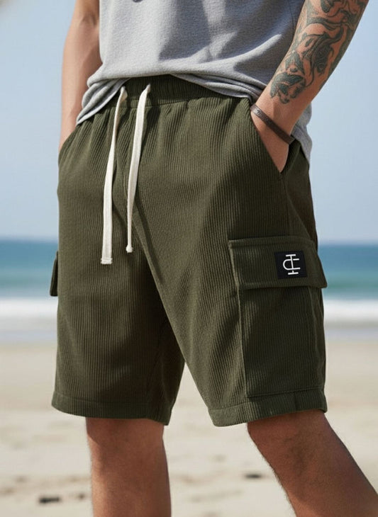 Men's Olive Green Premium Ribbed Texture Cargo Shorts