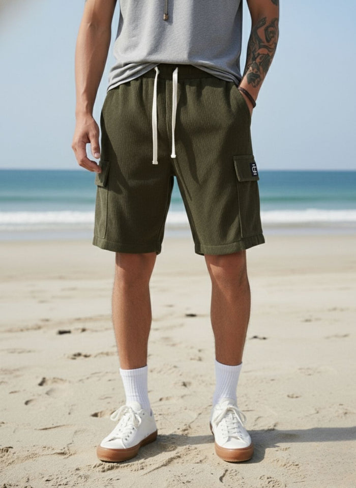Men's Olive Green Premium Ribbed Texture Cargo Shorts