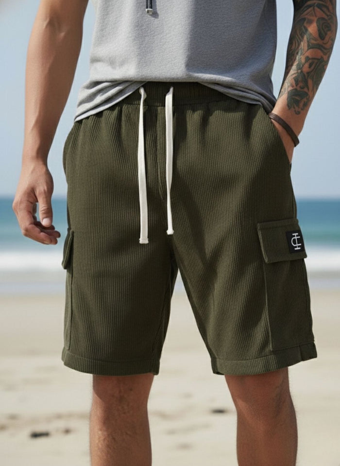 Men's Olive Green Premium Ribbed Texture Cargo Shorts