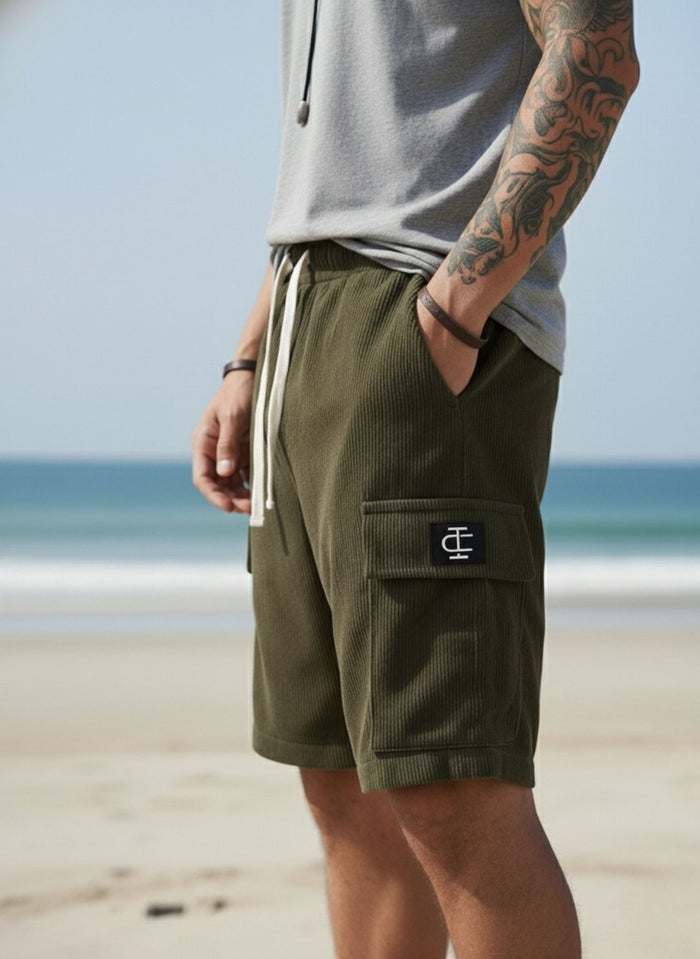Men's Olive Green Premium Ribbed Texture Cargo Shorts