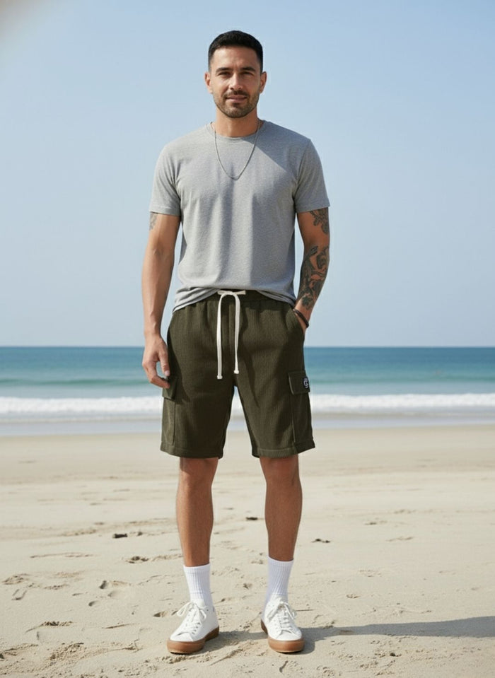 Men's Olive Green Premium Ribbed Texture Cargo Shorts