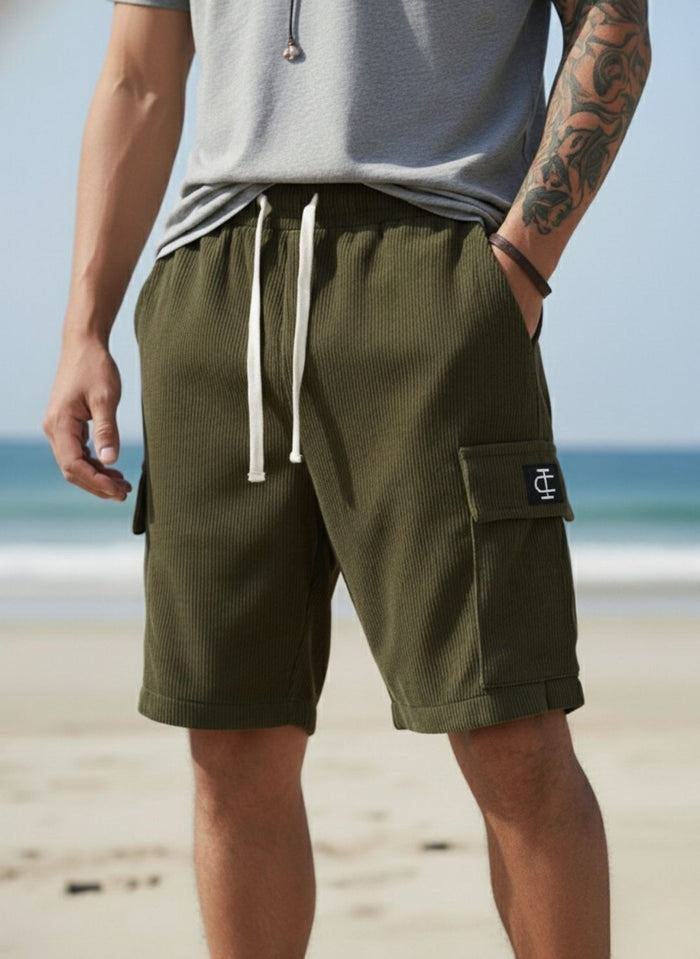 Men's Olive Green Premium Ribbed Texture Cargo Shorts