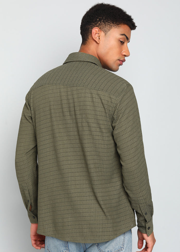 Men’s Olive Green Textured Long-Sleeve Shirt with Embroidered Floral