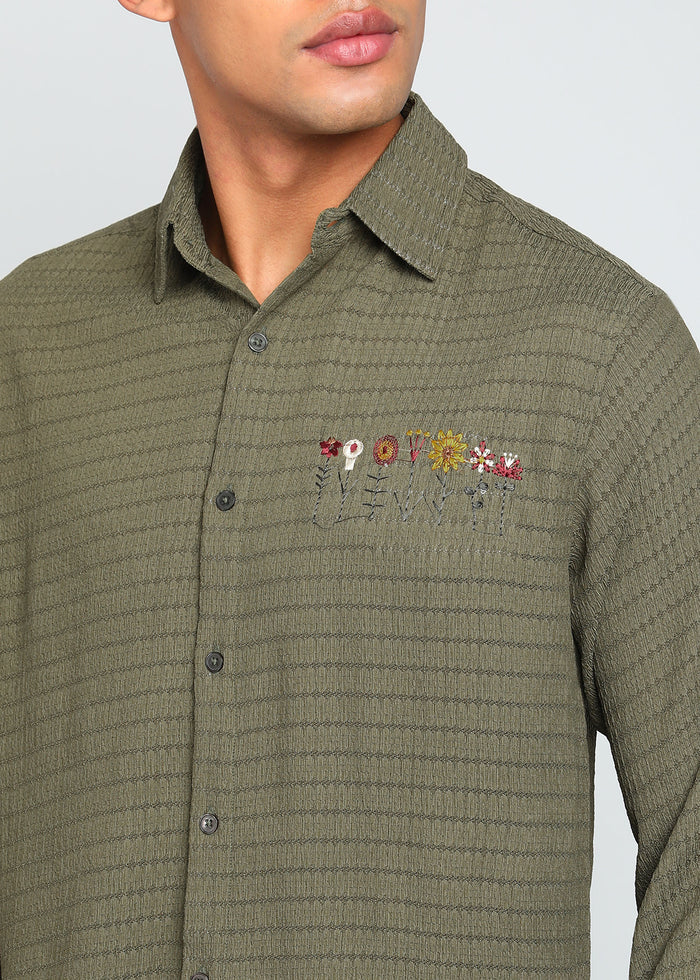 Men’s Olive Green Textured Long-Sleeve Shirt with Embroidered Floral