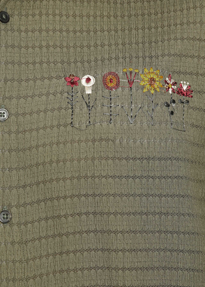 Men’s Olive Green Textured Long-Sleeve Shirt with Embroidered Floral
