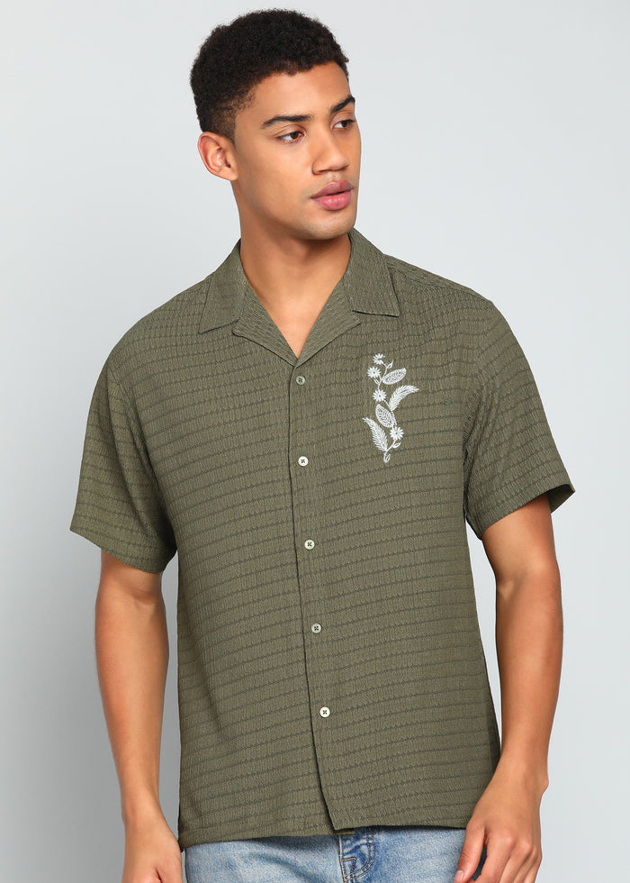 Men’s Olive Green Textured Short-Sleeve Cuban Shirt with Floral Embroidery