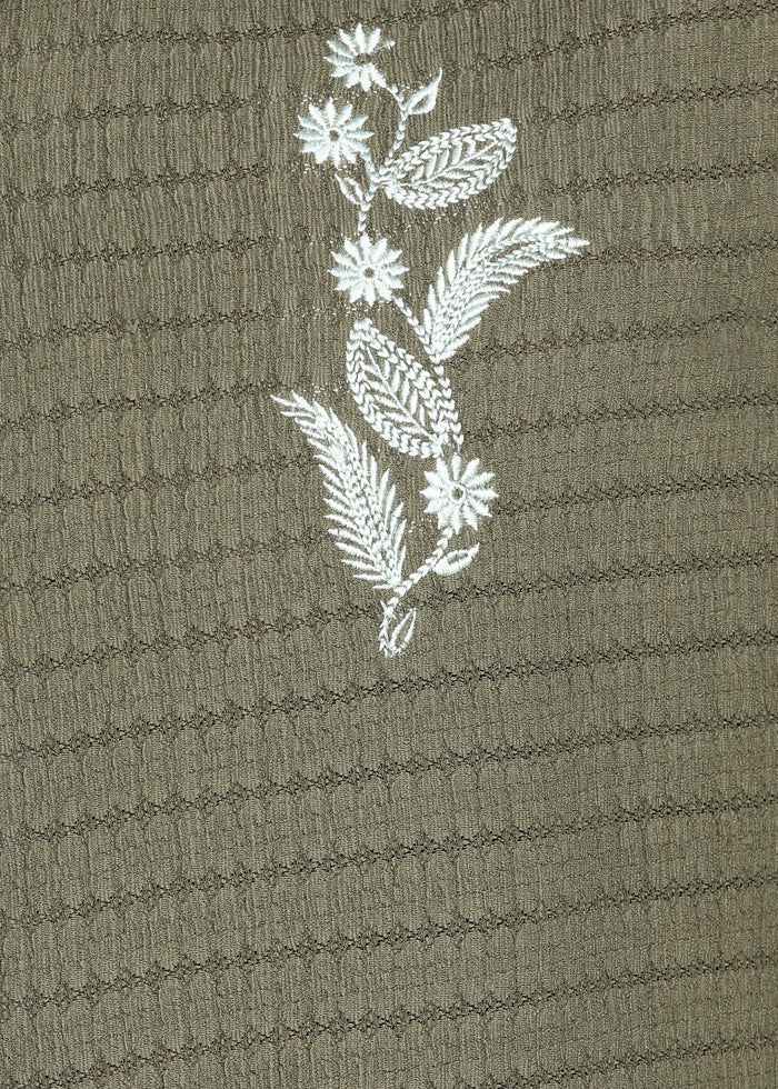 Men’s Olive Green Textured Short-Sleeve Cuban Shirt with Floral Embroidery