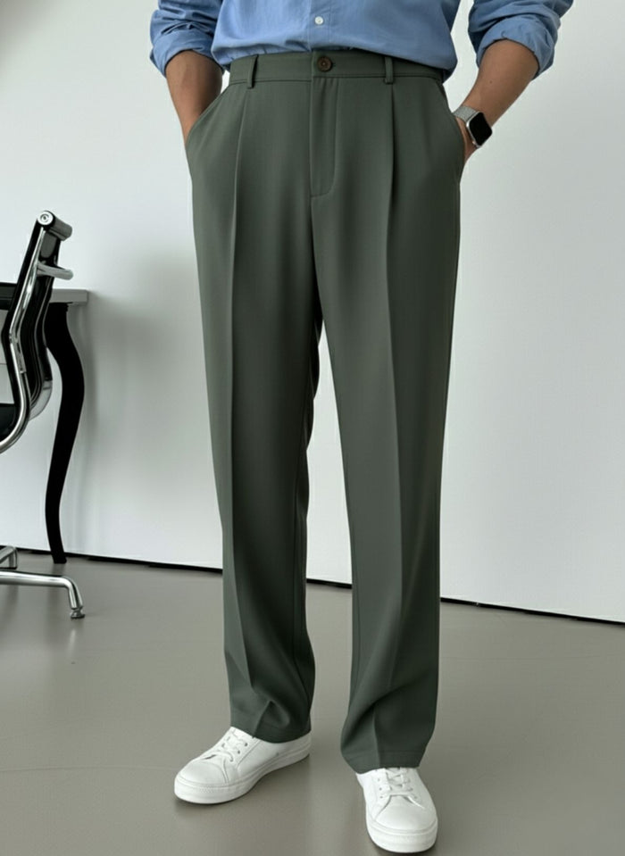 Men's Olive Relaxed Fit Pleated Trousers