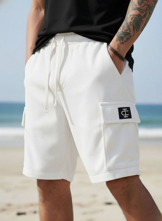 Men's Optic White Premium Ribbed Texture Cargo Shorts