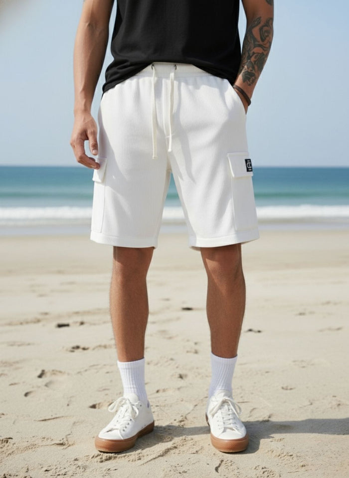 Men's Optic White Premium Ribbed Texture Cargo Shorts