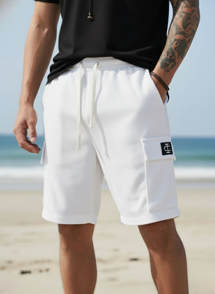 Men's Optic White Premium Ribbed Texture Cargo Shorts