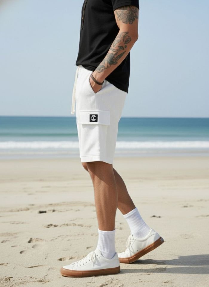 Men's Optic White Premium Ribbed Texture Cargo Shorts