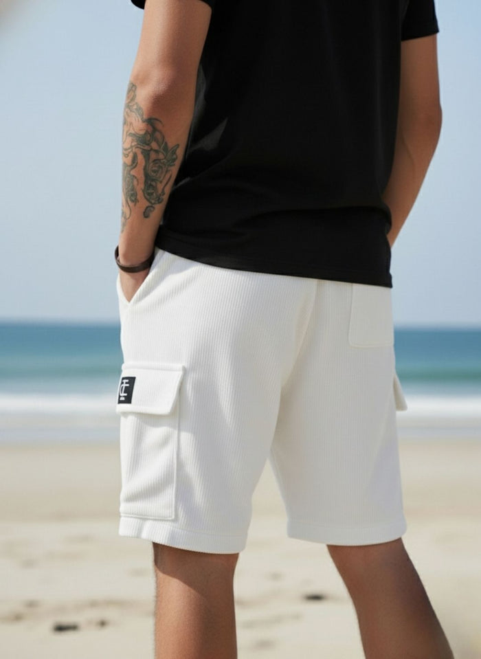 Men's Optic White Premium Ribbed Texture Cargo Shorts