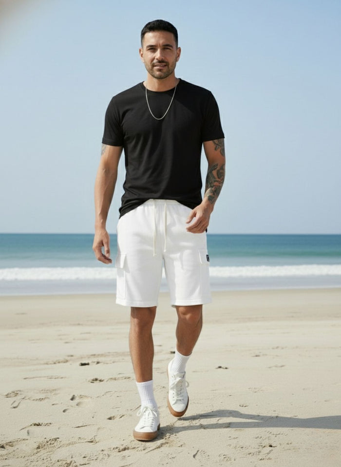 Men's Optic White Premium Ribbed Texture Cargo Shorts