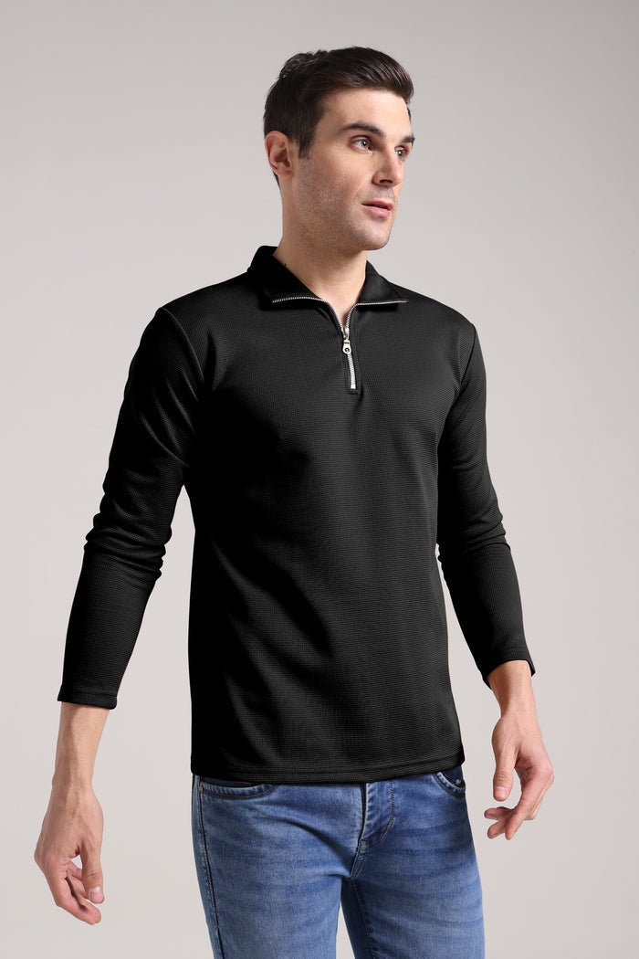 Men's Outer Mesh Black Full Sleeve Zipper T-Shirt