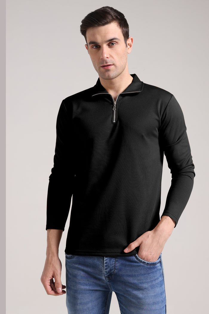 Men's Outer Mesh Black Full Sleeve Zipper T-Shirt