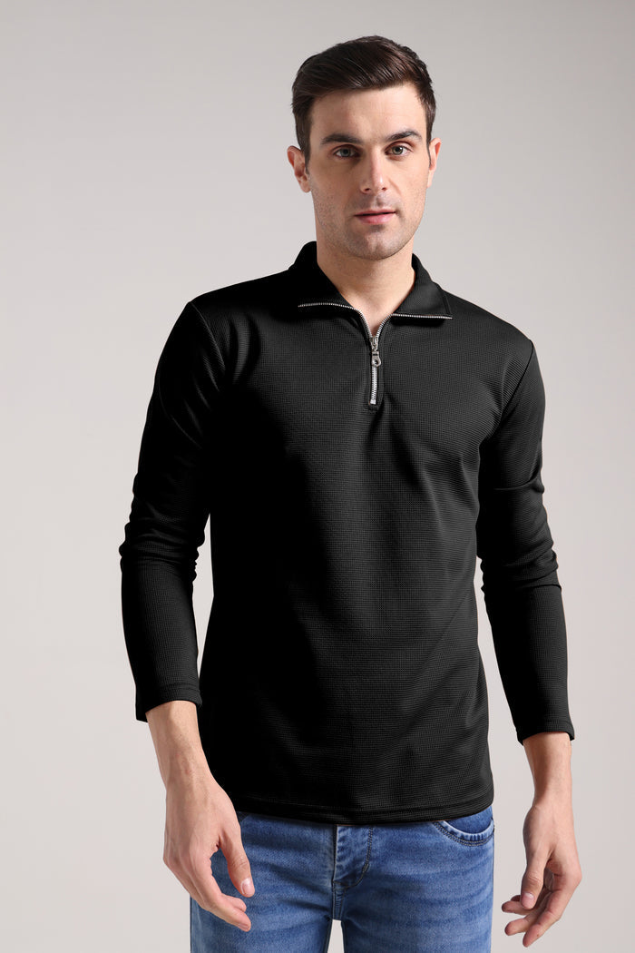 Men's Outer Mesh Black Full Sleeve Zipper T-Shirt