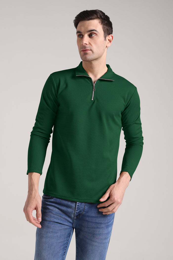 Men's Outer Mesh Fire Green Full Sleeve Zipper T-Shirt