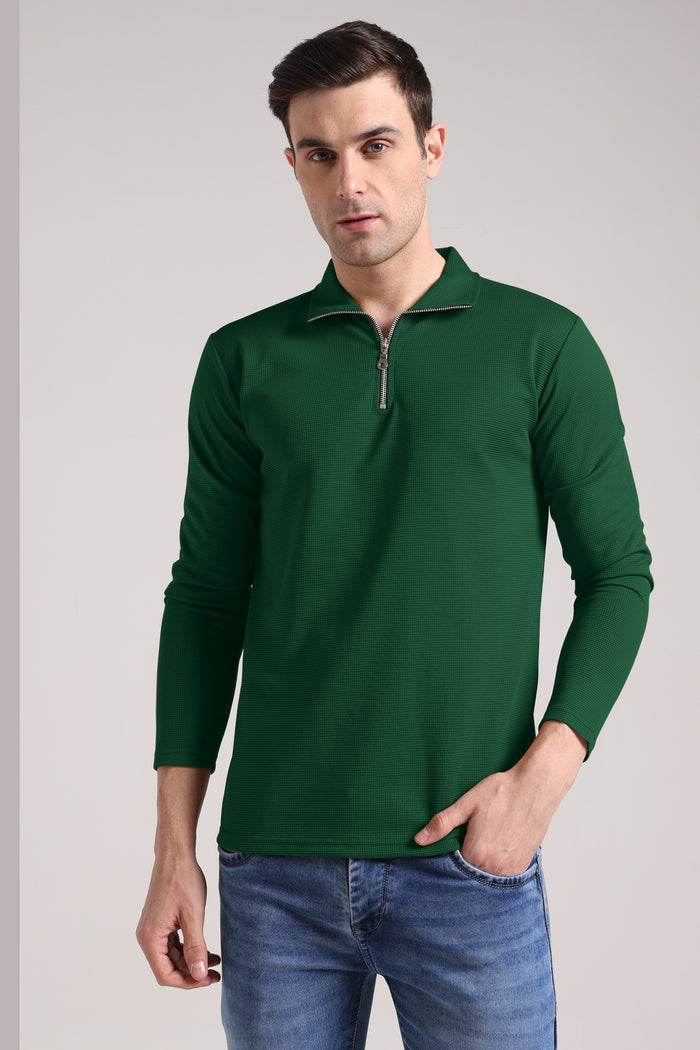 Men's Outer Mesh Fire Green Full Sleeve Zipper T-Shirt