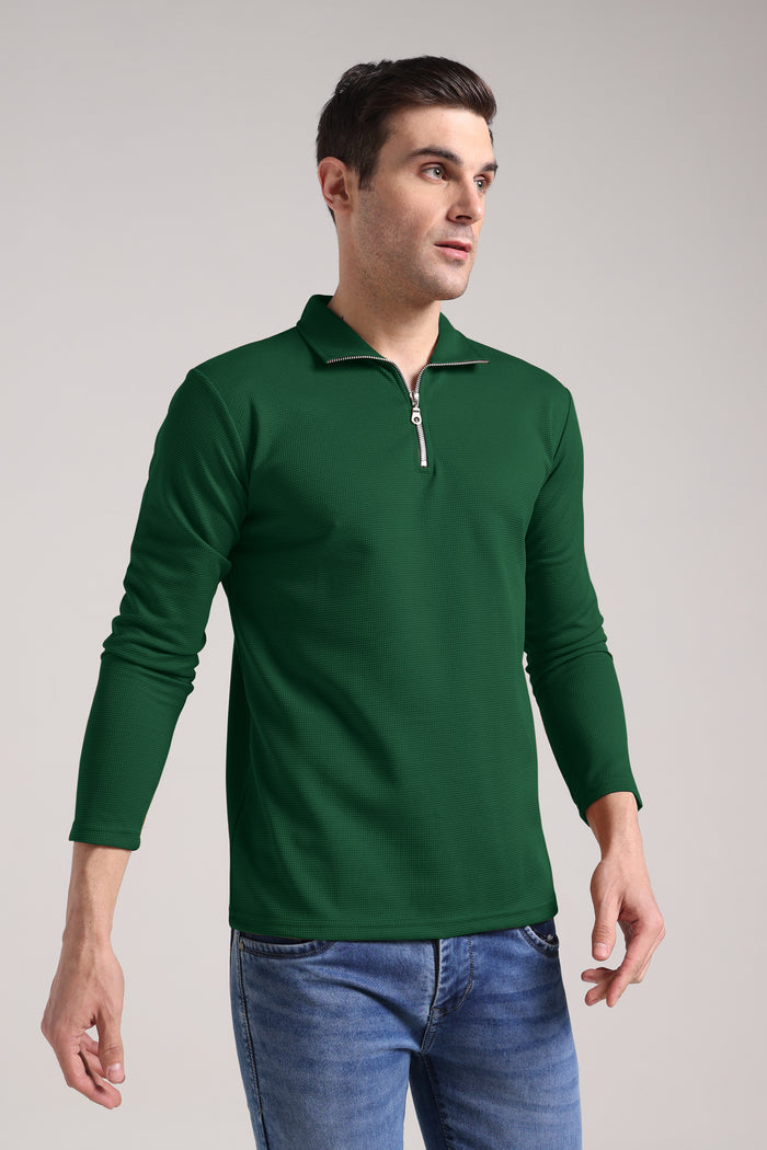 Men's Outer Mesh Fire Green Full Sleeve Zipper T-Shirt