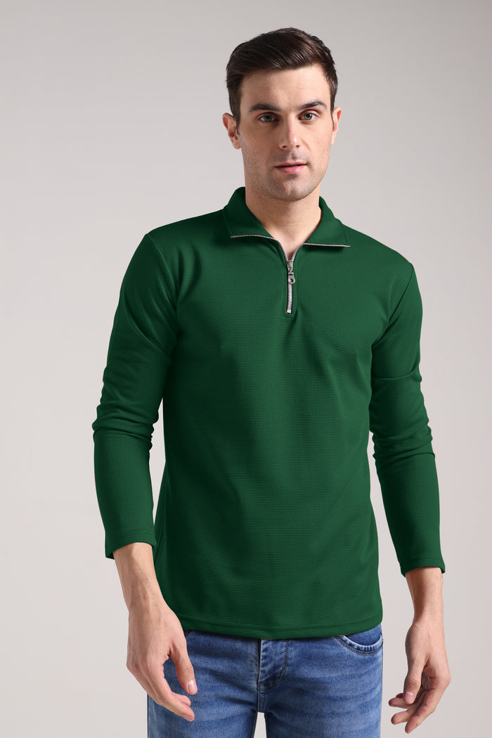 Men's Outer Mesh Fire Green Full Sleeve Zipper T-Shirt