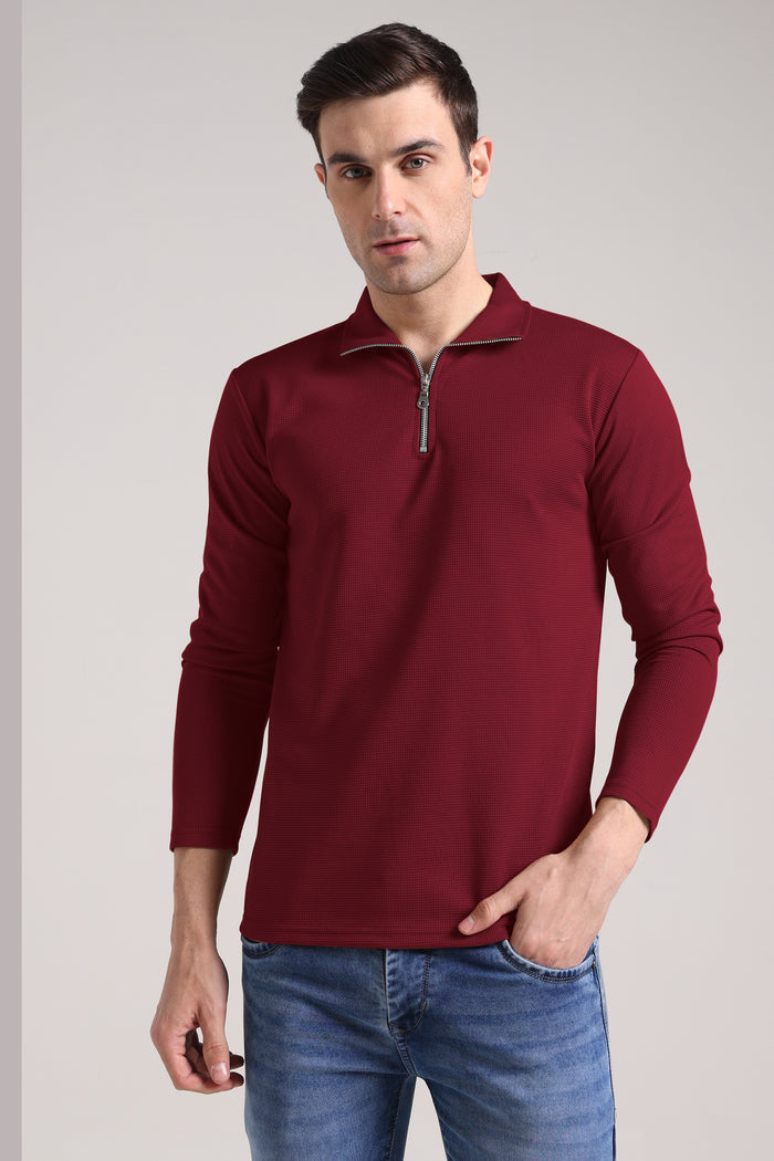 Men's Outer Mesh Maroon Full Sleeve Zipper T-Shirt