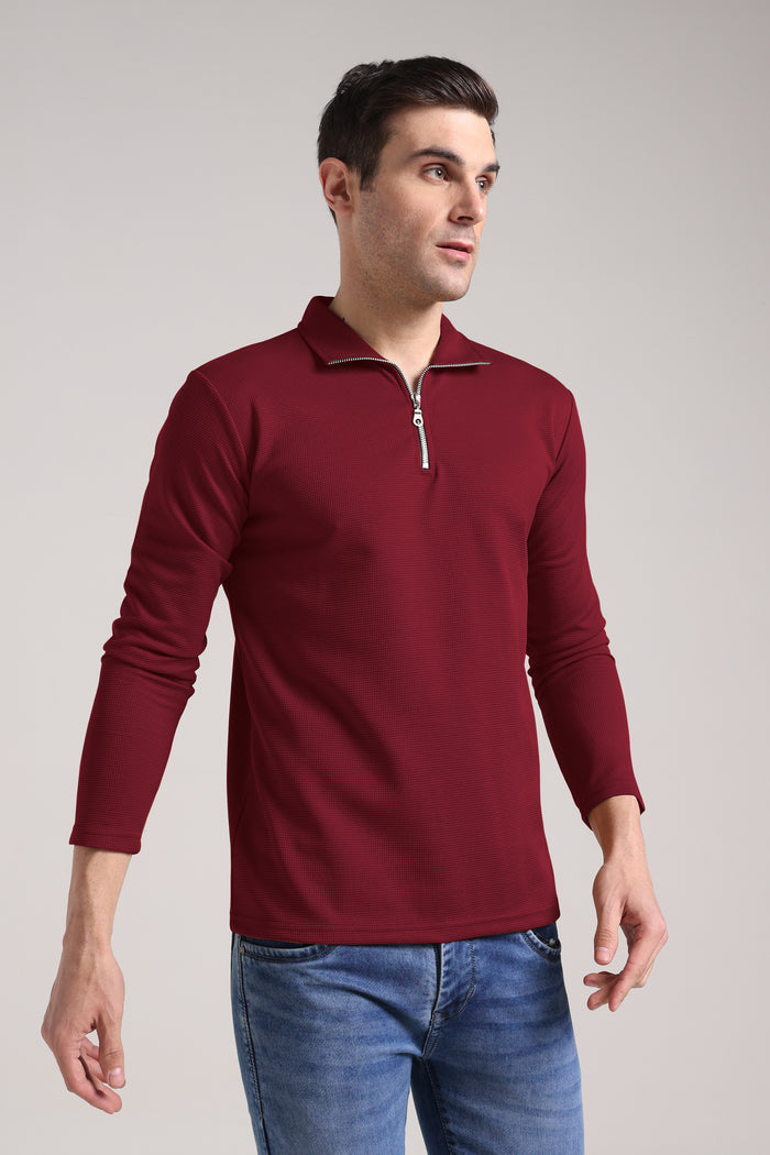 Men's Outer Mesh Maroon Full Sleeve Zipper T-Shirt