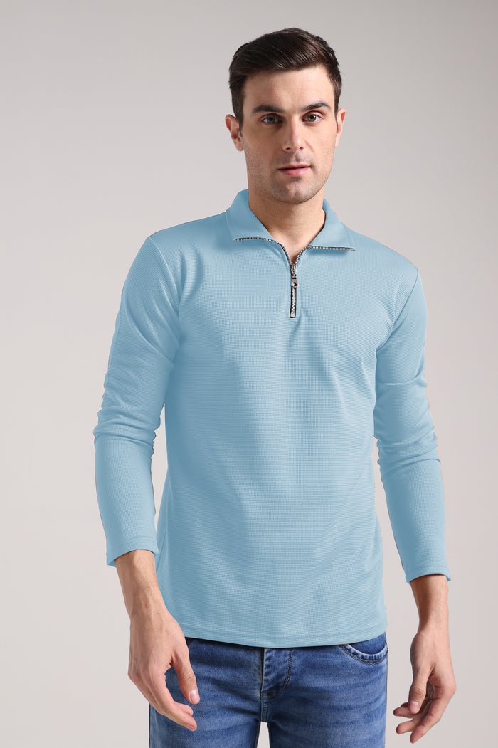 Men's Outer Mesh Mist Blue Full Sleeve Zipper T-Shirt