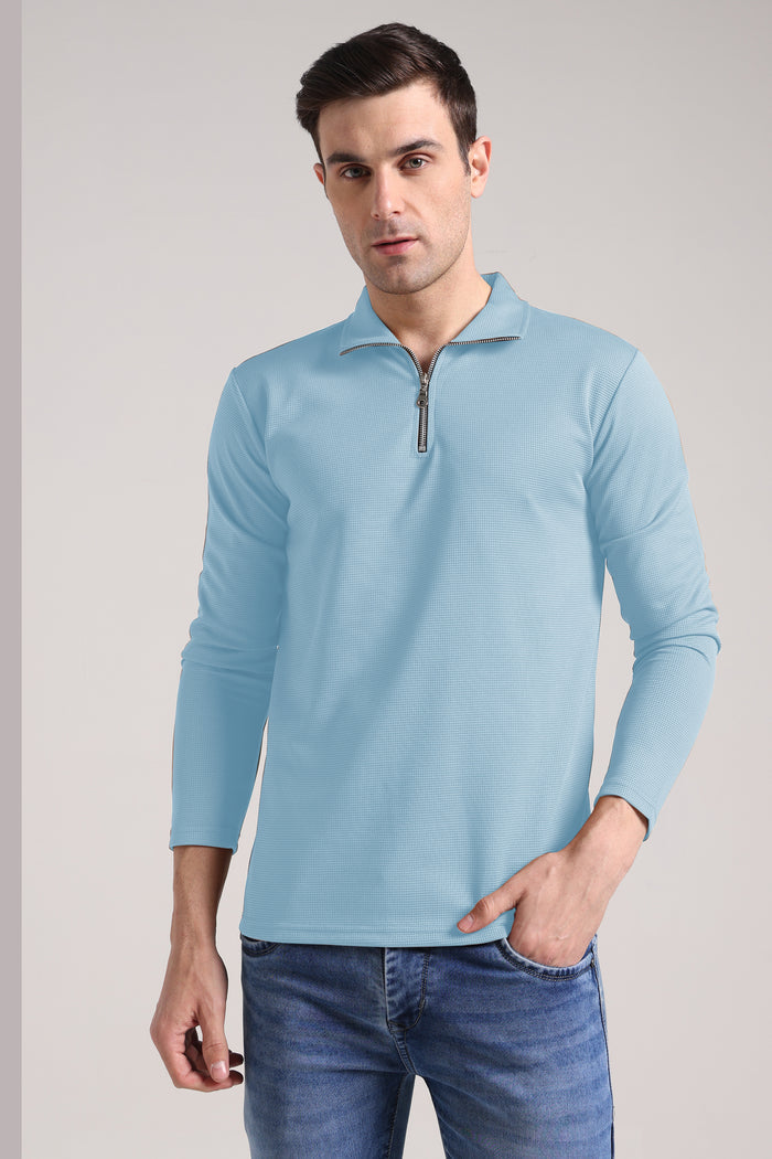 Men's Outer Mesh Mist Blue Full Sleeve Zipper T-Shirt