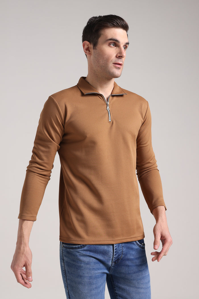 Men's Outer Mesh Olive Brown Full Sleeve Zipper T-Shirt