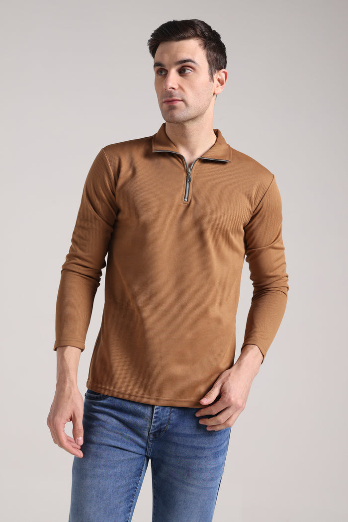 Men's Outer Mesh Olive Brown Full Sleeve Zipper T-Shirt