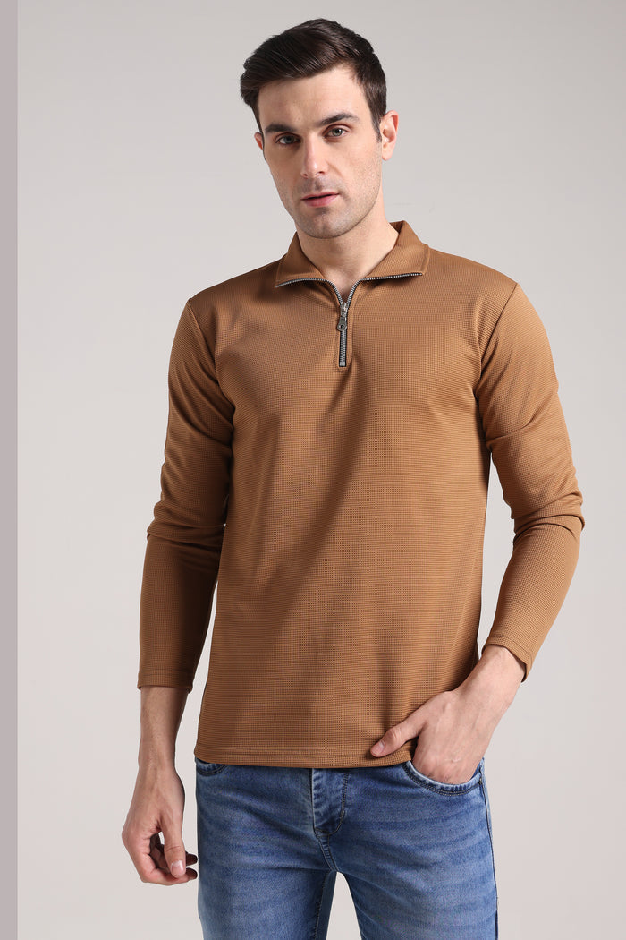 Men's Outer Mesh Olive Brown Full Sleeve Zipper T-Shirt